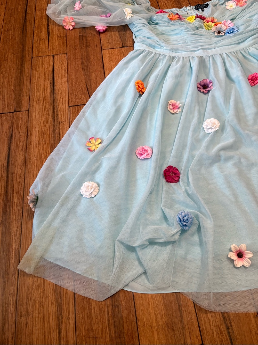 Eloquii Mini Dress Size 22 Light Blue Off Shoulder Sheer Tulle Mutli 3D Flowers - Picture 6 of 9